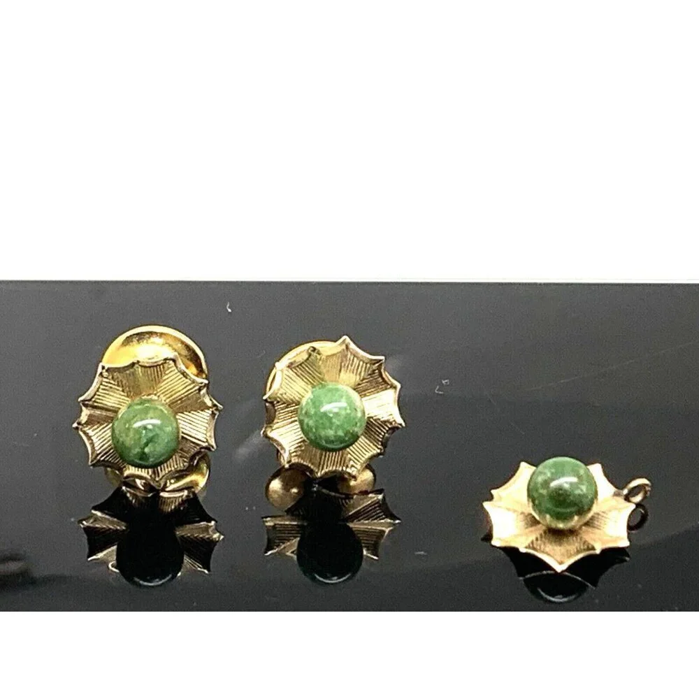 Earrings Pendant Set 14k Yellow Gold Green Gemstone 6mm Women's Estate Jewelry